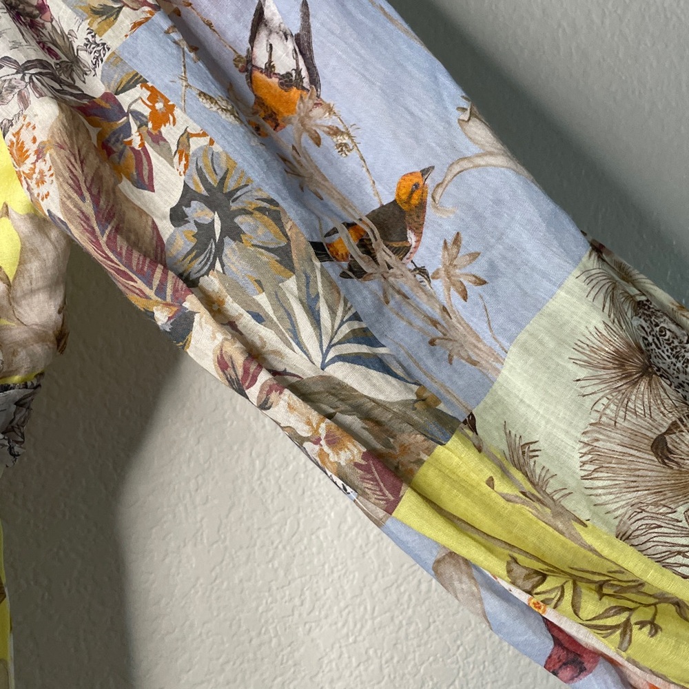 Banana Republic Ramie Floral Bird Twist Front sheer A-line sweetheart neck top L - Picture 8 of 11